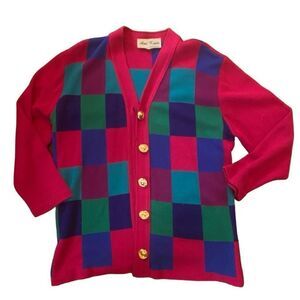Ami knits womens vintage 90s color block pink blue cardigan size XL made in USA